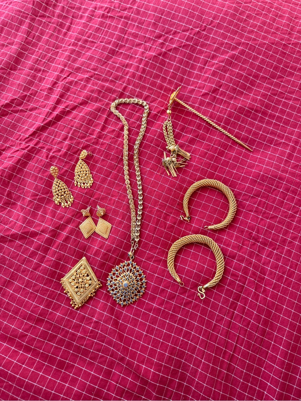 Lao Thai Hmong Gold Jewelry Set — Statement Necklace, Bangles & Earrings